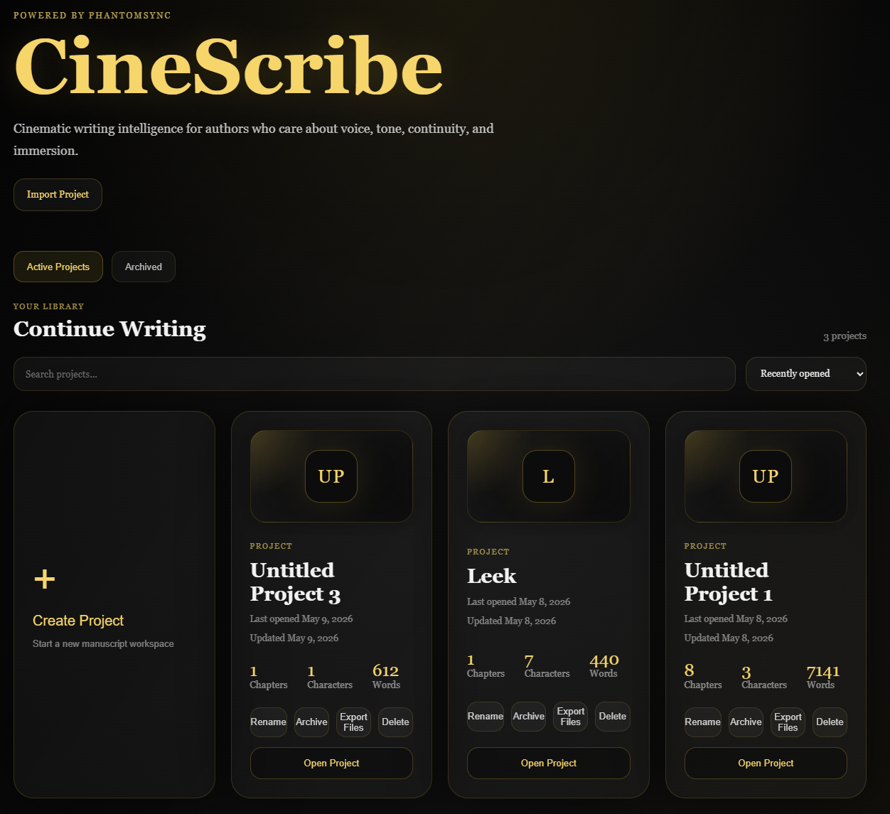 CineScribe dashboard interface